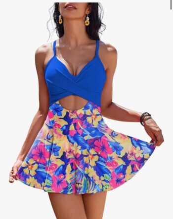 AI'MAGE Women's One Piece Swimdress V Neck Tie Back Skirt Swimsuit Push Up Tummy Control Bathing Suits
