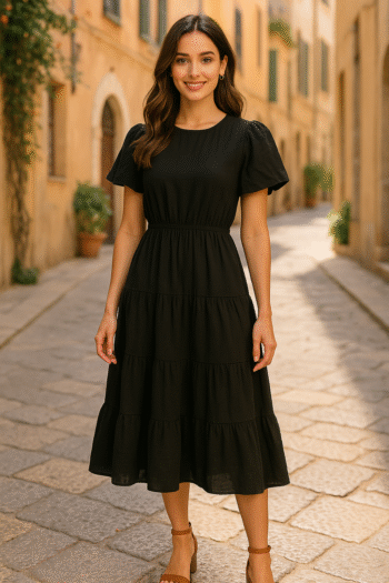 Elegant Black Tiered Midi Dress with Puff Sleeves