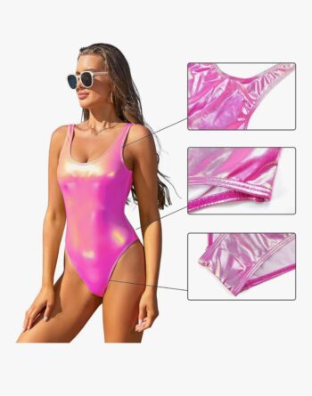 SHEKINI Women's Metallic Shiny Bathing Suit Scoop Neck Backless One Piece Swimsuits