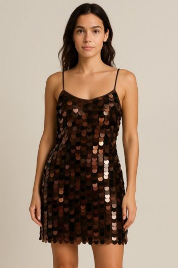 Women Sparkly Sequin Mini Dress Spaghetti Straps Dot Disco Dresses Bodycon Nightclub Party Dress