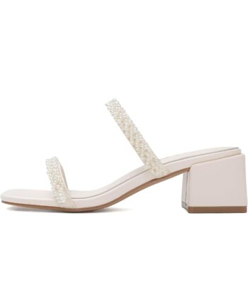 Shoe'N Tale Pearl Heels for Women Block Low Heel Heeled Sandals Square Toe Slip On Slide Mules