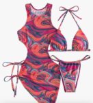 3 Piece Swimsuits for Women Padded Floral Print String Bikini Sets Bathing Suit Set Sexy Cutout High Neck Mesh Beach Cover Up