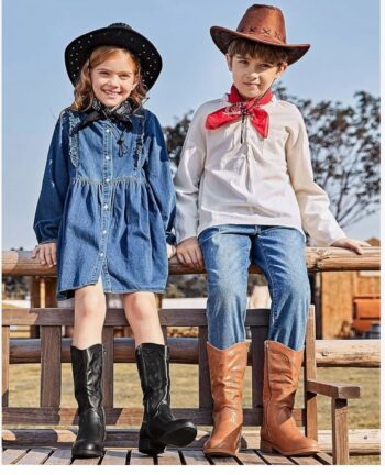 Coutgo Kids Cowgirl Boots for Girls Western Cowboy Side Zipper Low Heel Riding Dress Shoes (Toddler/Little Kid/Big Kid), Brown