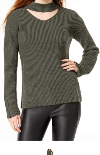 Bar III Womens Wool Blend Long Sleeves Choker Sweater Green