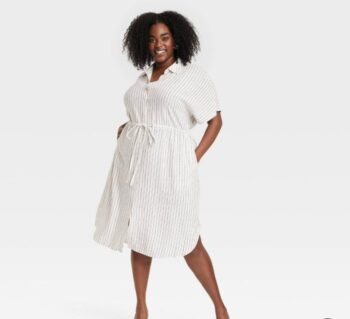 Women's Short Sleeve Linen Midi Shirtdress - A New Day™ Cream Striped