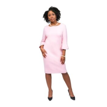KASPER Womens Pink Zippered Ruffled Cuffs Lined 3/4 Sleeve Round Neck Above The Knee Wear To Work Sheath Dress 4