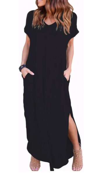 Zilcremo Women Summer Casual Maxi Dress Loose Pockets Short Sleeve Split Boho Dresses Apricot