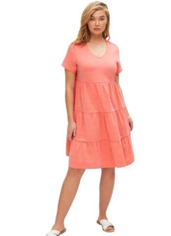 ellos Women's Plus Size Tiered Knit Tee Dress - Sweet Coral