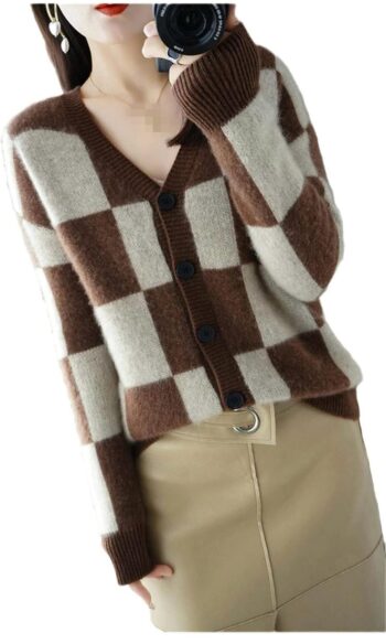 Women's Wool Cashmere Cardigan V-Neck Colorblock Korean Loose Shirts Thick Sweater
