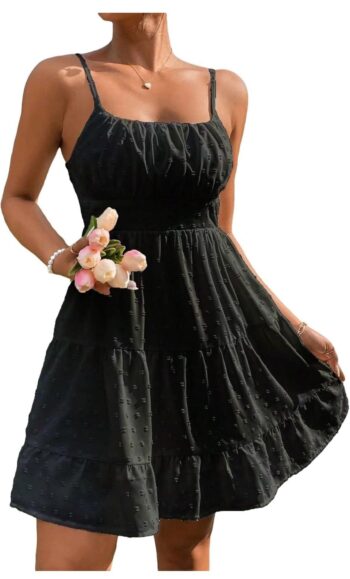 Floerns Women's Swiss Dots Sleeveless Ruched Bust Ruffle Hem Cami Short Dress