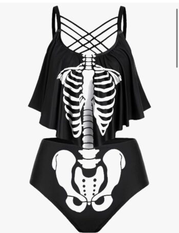 Rosegal Womens Plus Size Skeleton Print Flounce Crisscross Strappy Tankini Swimwear Set