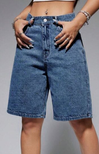 Women above the knee denim shorts dark blue