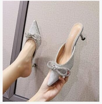 Sparkle Double Bow Heeled Mules Crystal-Embellished Slip On Kitten Sandals