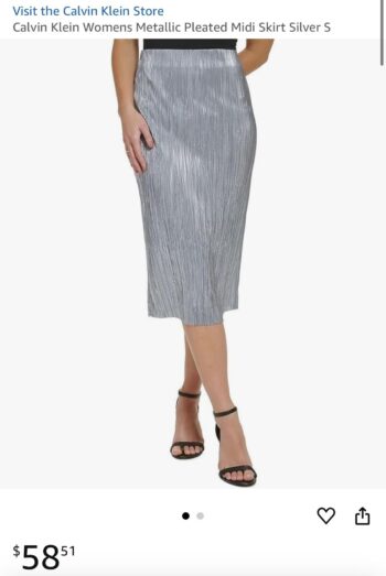 Calvin Klein Womens Metallic Pleated Midi Skirt Silver