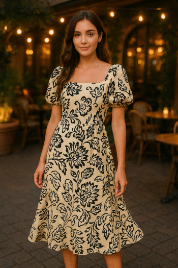 Elegant Cream Midi Dress with Bold Black Floral Print & Puff Sleeves