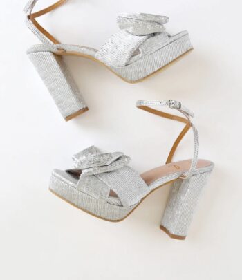 Lilsa Silver Metallic Bow Platform Ankle Strap Heels
