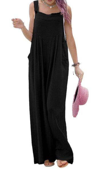Womens Casual Loose Overalls Jumpsuits Adjustable Straps Wide Leg Long Rompers Sleeveless Bib Jumpsuit with Pocket