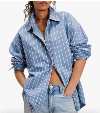 Women's Striped Button Down Shirt Oversized Long Sleeve Loose Collared Blouses Shackets Boyfriend Tops