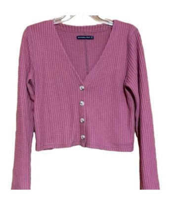 Abercrombie Mauve Pink Waffle Knit Cropped Cardigan Sweater Long Sleeve