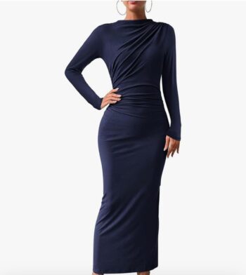 BTFBM Women Bodycon Maxi Dress Long Sleeve Back Slit Ruched Elegant Party Cocktail Formal Spring Wedding Guest Dresses