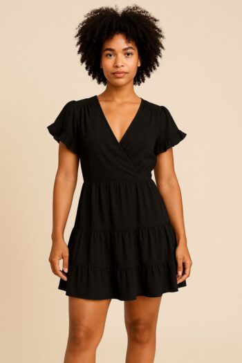 Black v neck ruffle dress
