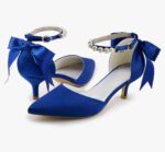Coutgo Womens Pearl Ankle Strap Pumps Low Kitten Heel D'Orsay Satin Back Tieknot Heels Pointed Toe Wedding Party Dress Shoes
