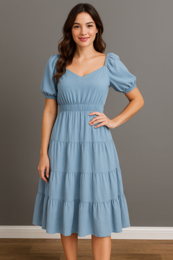 Women's Summer Solid Casual Dress Puff Sleeve Square Neck Dress Pleated Tiered Dress with Pockets