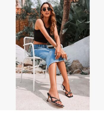 Ermonn Womens Square Open Toe Heels Sandals Slides Thong Stiletto Backless Slip on Slippers Shoes