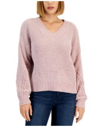 Hippie Rose Juniors' Chenille Cable-Knit V-Neck Sweater