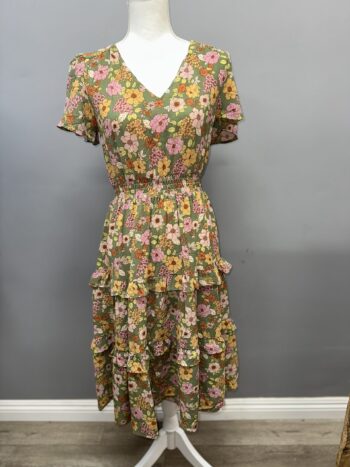 Liberty Fabric Faux-Wrap Mini Floral Tiered Midi Cotton Walk Dress