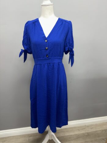 Blue Button Through Shirred Midi Dress