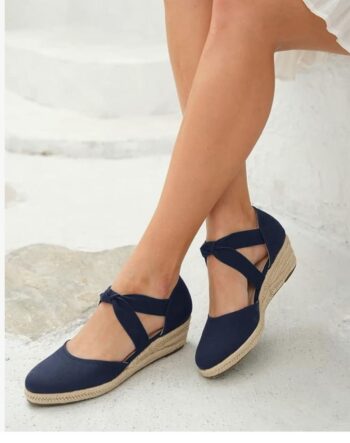 Juliet Holy Womens Espadrille Wedges Sandals Platform Bohemian Slip-ons Elastic Strap Knotted Canvas Shoes,Navy Blue