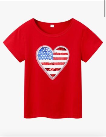 LUCKYGAL Girls 4th July Shirts Flip Sequin Tops Kids Short Sleeve Independence Day Clothes