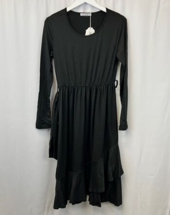 Levaca Womens Dress Black Midi Belted Long Sleeve Diagonal Ruffle Artsy