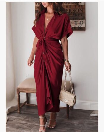 Linsery Ruched Shirt Dress for Women Sexy Short Sleeve Button Up Long Maxi Dress with Belt Ruby