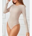 MEROKEETY Women's Long Sleeve Ribbed Bodysuits Crew Neck Slim Body Suits 2024 Knit Sweater Tops