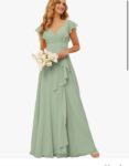 TIRAS Long Bridesmaid Dresses with Slit Short Sleeve V Neck Ruffled Split Long Formal Evening Dress with Pockets CM176