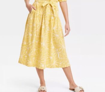 Universal Thread Button Front Linen Midi Yellow Floral Tie Waist