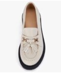 VETASTE Womens Lug Sole Platform Mid Chunky Heel Loafers Classic Round Toe Slip On Office Uniform Oxfords Shoes with Metal Chain