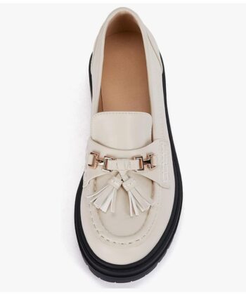 VETASTE Womens Lug Sole Platform Mid Chunky Heel Loafers Classic Round Toe Slip On Office Uniform Oxfords Shoes with Metal Chain