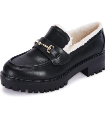 VETASTE Womens Lug Sole Platform Mid Chunky Heel Loafers Classic Round Toe Slip On Office Uniform Oxfords Shoes with Metal Chain