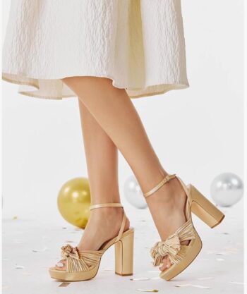 VETASTE Women's Pleated Bow Knot Platform Heeled Sandals Open Toe Chunky Block Heel Ankle Buckle Strap Bridal Wedding Dress Shoes