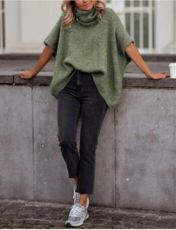 Womens Turtleneck Short Batwing Sleeve Sweater Knitted Oversized Chunky Dolman Tops