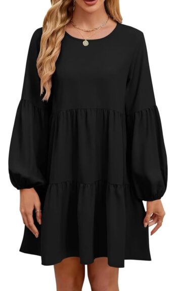 QACOHU Summer Babydoll Dresses for Women 2025 Spring Crew Neck Long Sleeve Loose Flowy Swing Tunic Mini Dress