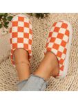 Women's Checkered Slippers Fluffy Preppy Slippers Fuzzy House Bedroom Closed Toe Slippers