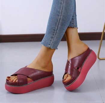 Women's Criss Cross Platform Sandals Summer Ladies Open Toe Wedge Slip on Mules Slippers Sandals Comfortable Casual Beach Walking Shoes,Red