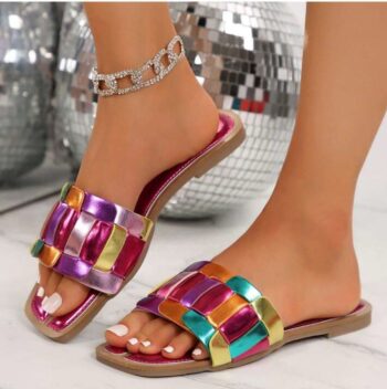 Stylish Multicolor Sandals For Women - Chic Square Toe Design With Durable Rubber Sole