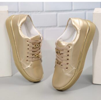 Gold Women's Black Lace-Up Sneakers with Gold Chain Detail