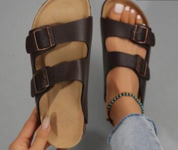 Womens Cork Footbed Slides Adjustable Buckled Slip On Slippers Softy Flat Sandals Open Toe