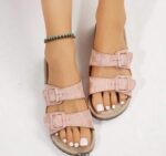 Women's Double Buckle Checkered Pattern Decor Flatform Slide Sandals With Color Block Comfortable Suede Nature Cork Footbed Slipper Shoes